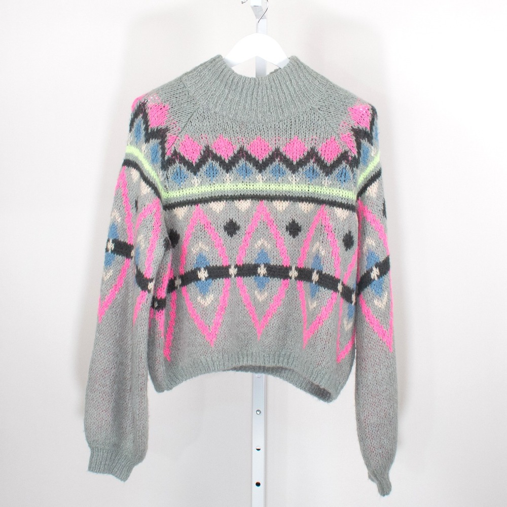 Hollister Mock Neck Fair Isle Knit Sweater Gray Hot Pink Blue Size L - Picture 2 of 9
